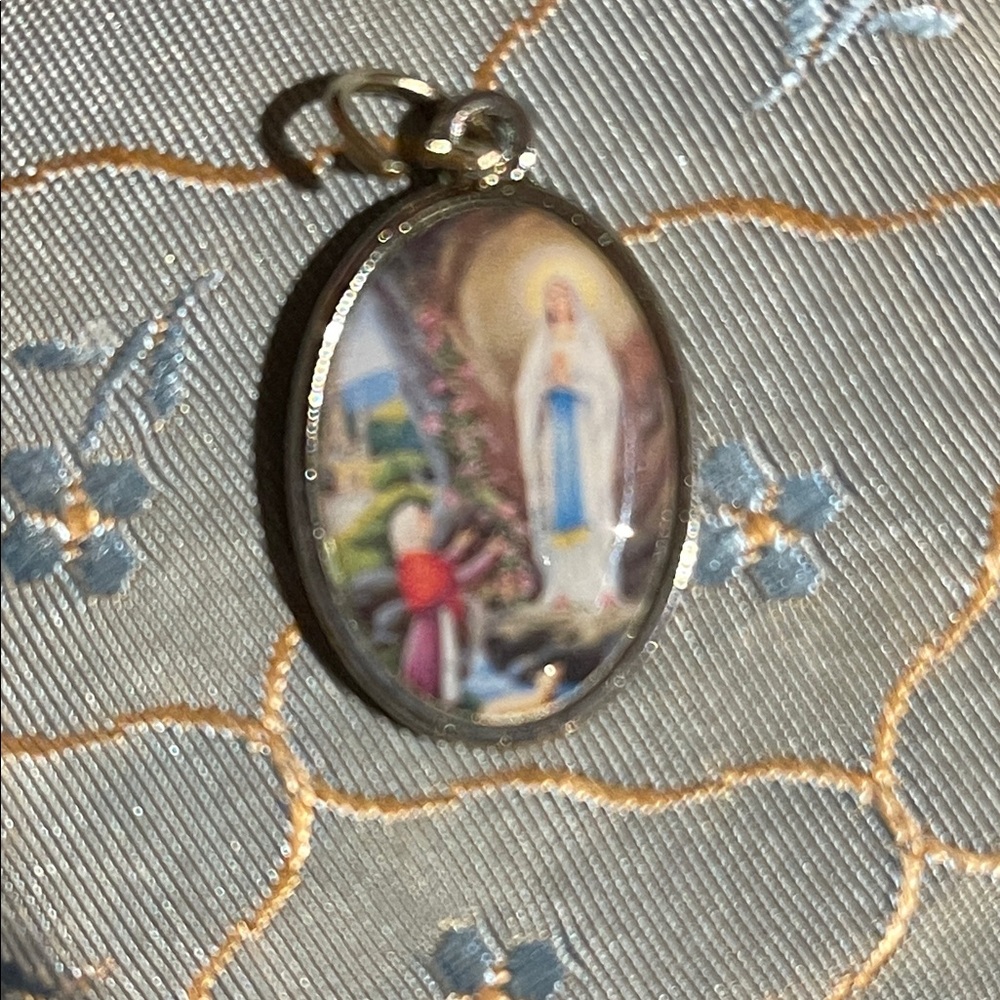 Reversible Religious Oval Medal Pendant Necklace - Blue and White